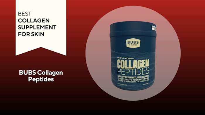An image of a BUBS Collagen Peptides container against a red background